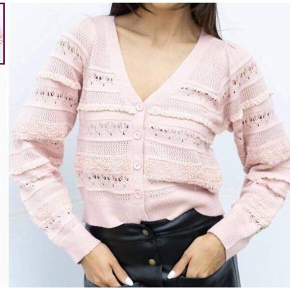 ALLISON New York Sz XS Pink Crochet Cropped Levy Cardigan Sweater - Picture 1 of 9